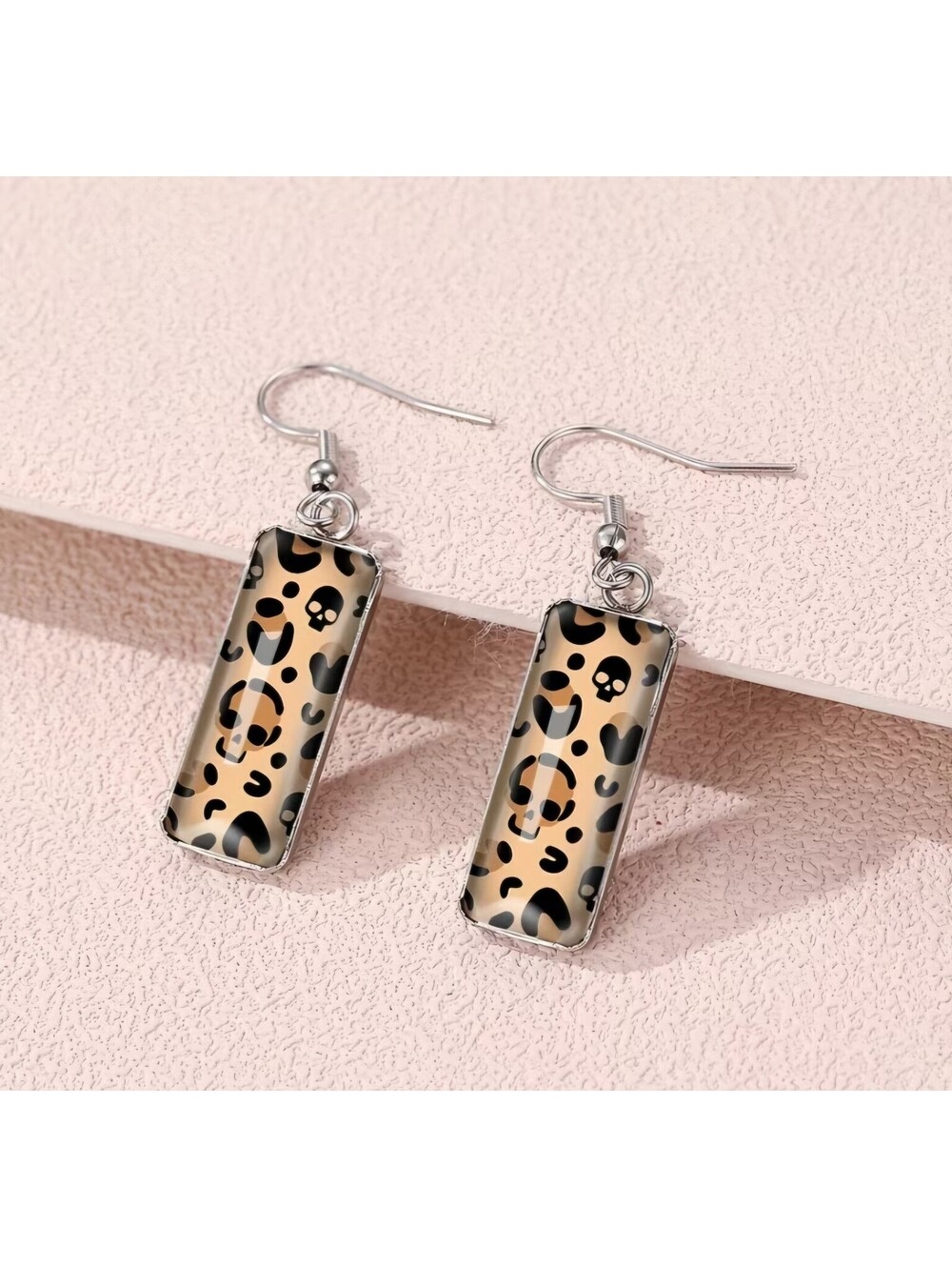 Tan Leopard Print Rectangle Dangle Earrings